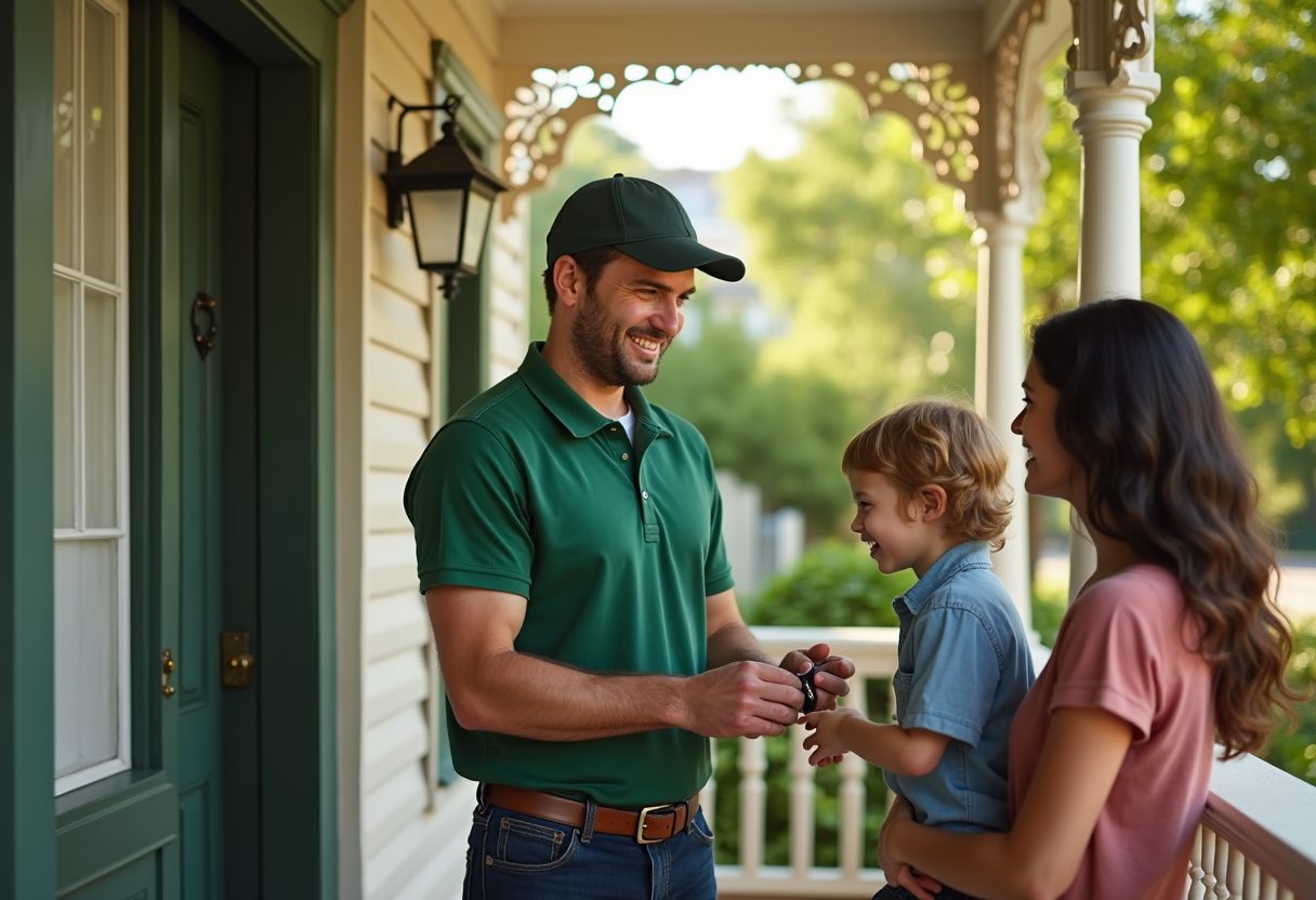 Locksmith handing new keys to a family on their verandah — East Ryde